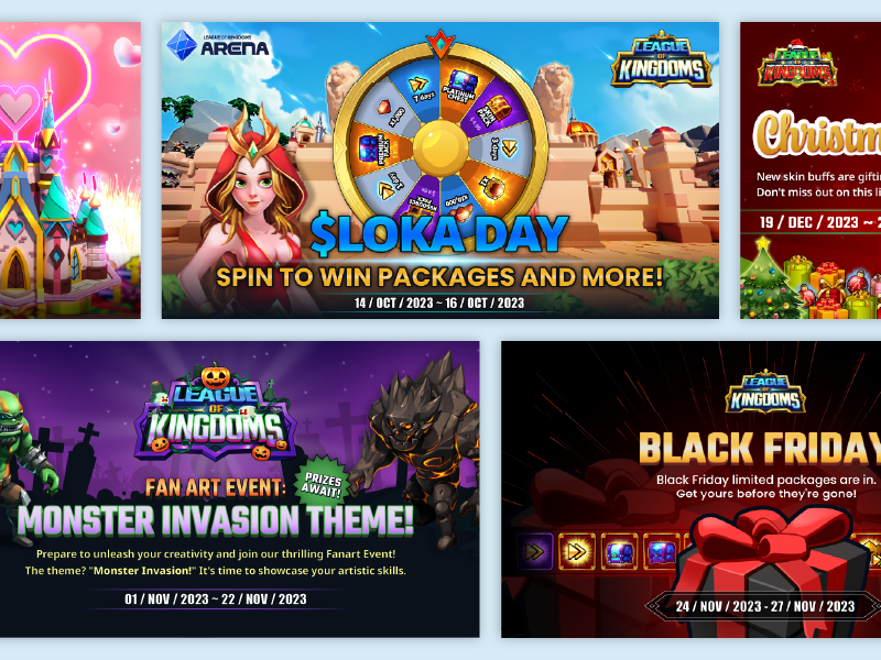 LOK seasonal campaign banners — LOKA Day, Monster Invasion Fan Art Event, Christmas, Black Friday